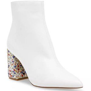 Betsey Johnson White Leather Kassie Boot with Sequin Heel